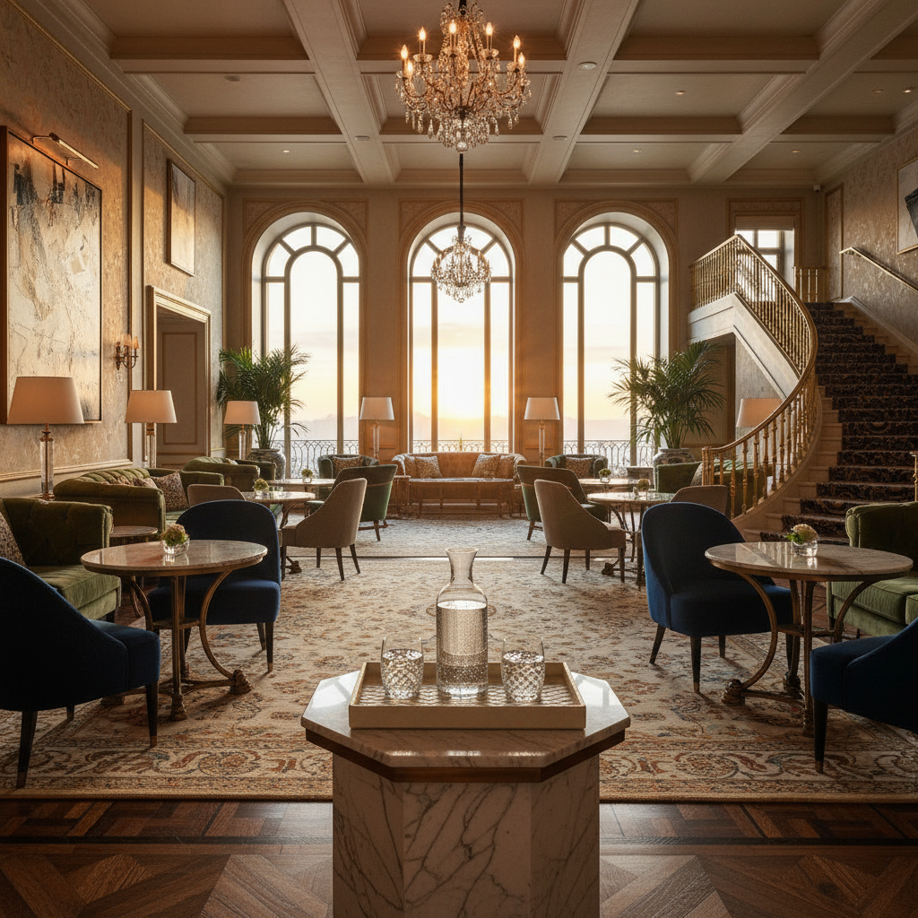 an elegant, super luxurious hotel hall with no people, evoking the feeling of hospitality