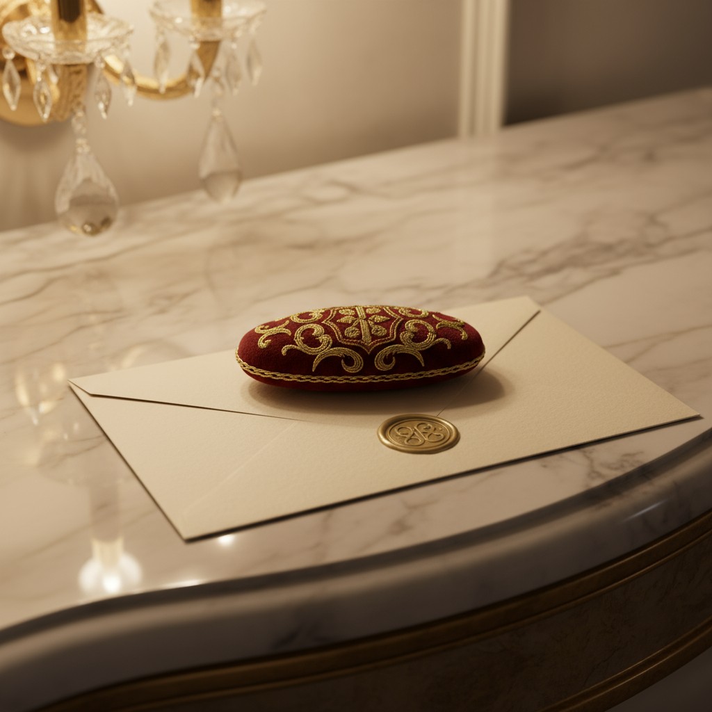 A red and gold pincushion rests on top of an envelope with a gold wax seal. Ornate lighting fixture hanging from marble su...